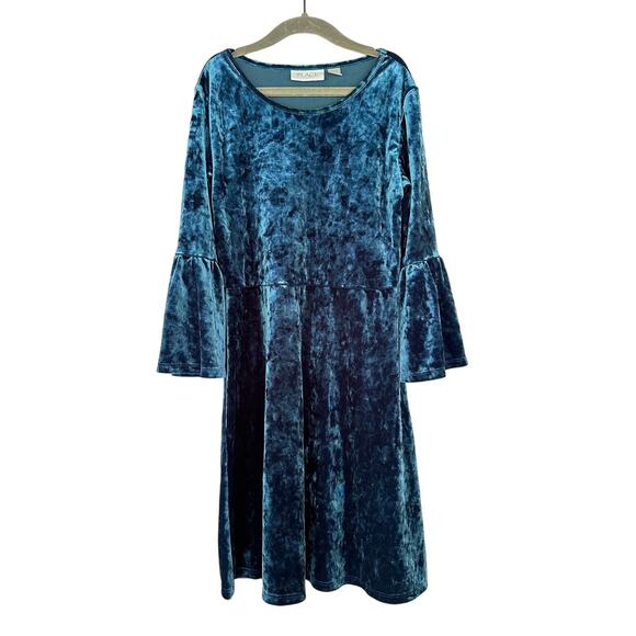 Children's Place Teal Blue Crushed Velvet Dress Bell Flare Sleeve L Large 10 12 - Picture 2 of 7